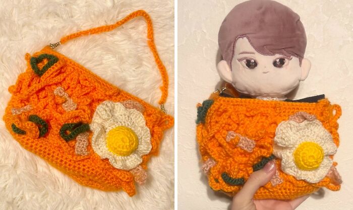 Crocheted food-inspired accessory featuring a realistic fried egg and bacon design made by a Japanese fiber artist.