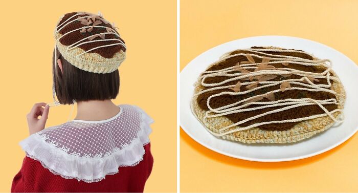 Japanese fiber artist crocheting realistic food-inspired accessories resembling a dessert plate and wearable hat piece.