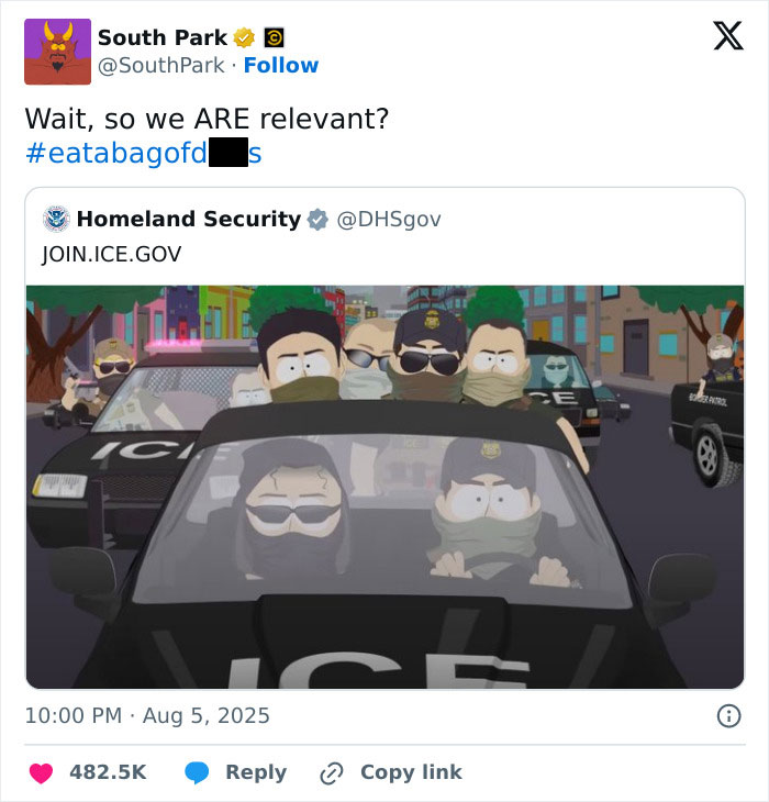 South Park characters in a chaotic scene inside an ICE vehicle, representing chaotic good actions in their own way.