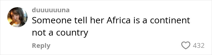 Comment mentioning confusion about Africa being a continent, related to tourists mistakenly boarding a flight to Africa. Comment mentioning confusion about Africa being a continent, related to tourists mistakenly boarding a flight to Africa.