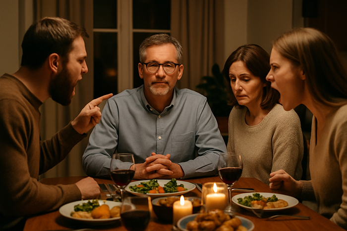 Stepdad sitting calmly at dinner while stepkids express anger and indifference expecting inheritance during family conflict. Stepdad sitting calmly at dinner while stepkids express anger and indifference expecting inheritance during family conflict.