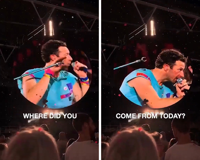 Chris Martin performing on stage, facing fans during a viral concert moment marked by a political speech. Chris Martin performing on stage, facing fans during a viral concert moment marked by a political speech.