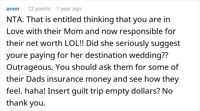 Screenshot of an online comment discussing entitlement and inheritance disputes involving stepkids and stepdad. Screenshot of an online comment discussing entitlement and inheritance disputes involving stepkids and stepdad.