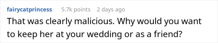 Comment discussing betrayal and loyalty issues after the bridesmaid leaks a wedding seating chart causing guest offense. Comment discussing betrayal and loyalty issues after the bridesmaid leaks a wedding seating chart causing guest offense.
