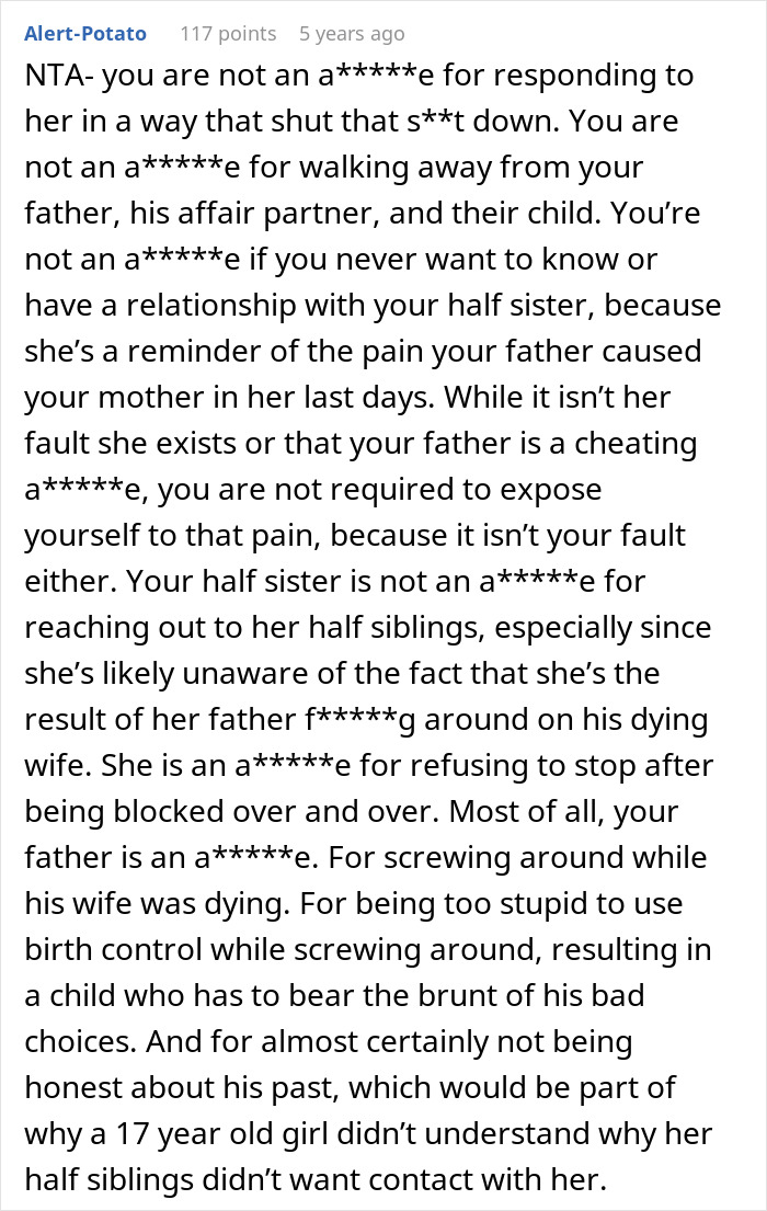 Screenshot of a forum comment discussing family conflict and a stalker half-sister airing dirty laundry online. Screenshot of a forum comment discussing family conflict and a stalker half-sister airing dirty laundry online.