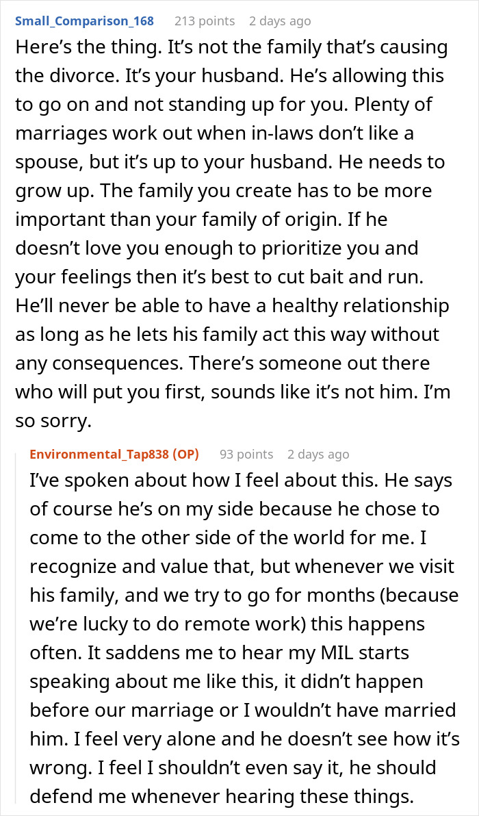 Text conversation discussing inlaws pushing boundaries causing relationship strain and potential divorce concerns. Text conversation discussing inlaws pushing boundaries causing relationship strain and potential divorce concerns.