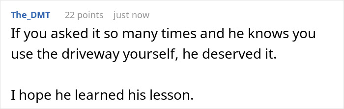 Comment text on a social platform discussing a neighbor repeatedly using a nurse’s driveway after her 12-hour shift. Comment text on a social platform discussing a neighbor repeatedly using a nurse’s driveway after her 12-hour shift.