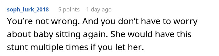 Screenshot of an online comment discussing babysitting and a stunt related to a mom asking her friend to babysit. Screenshot of an online comment discussing babysitting and a stunt related to a mom asking her friend to babysit.