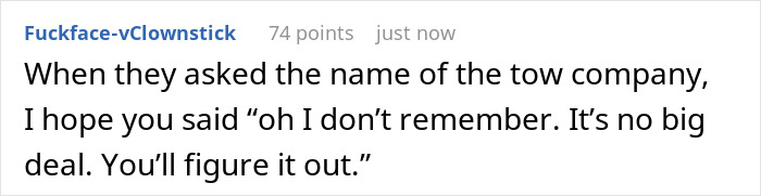 Text message conversation about towing company name, expressing frustration and hope for a vague response to avoid conflict. Text message conversation about towing company name, expressing frustration and hope for a vague response to avoid conflict.