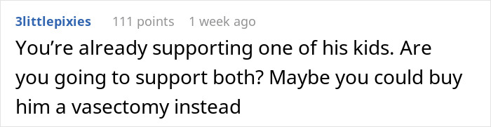 Comment discussing financial support conflict between stepbrother and man over pregnant girlfriend, highlighting relationship drama.