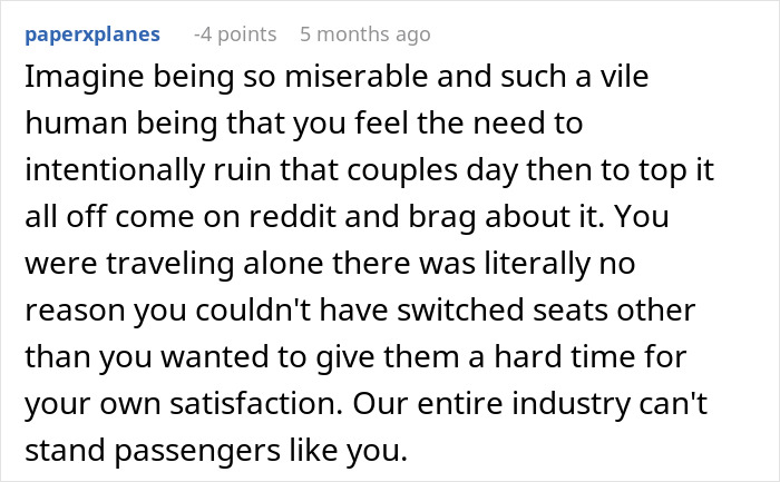 Reddit user commenting on a woman refusing to give up her plane seat and enjoying a guilt-free nap on flight. Reddit user commenting on a woman refusing to give up her plane seat and enjoying a guilt-free nap on flight.