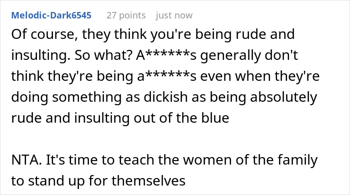 Comment discussing standing up against rude behavior and encouraging women to support each other in the family. Comment discussing standing up against rude behavior and encouraging women to support each other in the family.
