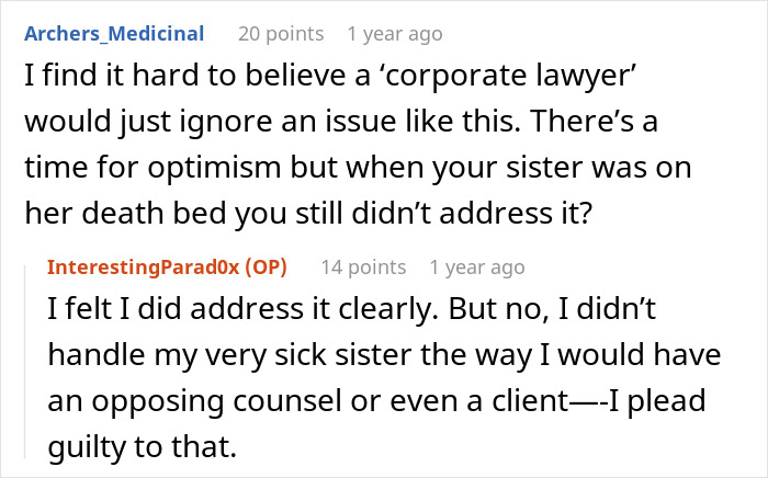 Screenshot of a Reddit conversation about a woman’s life changing after her late sister’s dying wish and not wanting kids. Screenshot of a Reddit conversation about a woman’s life changing after her late sister’s dying wish and not wanting kids.