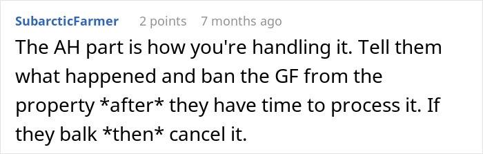 Screenshot of a forum comment discussing a woman considering canceling friend’s holiday booking after harassment by bro’s girlfriend. Screenshot of a forum comment discussing a woman considering canceling friend’s holiday booking after harassment by bro’s girlfriend.