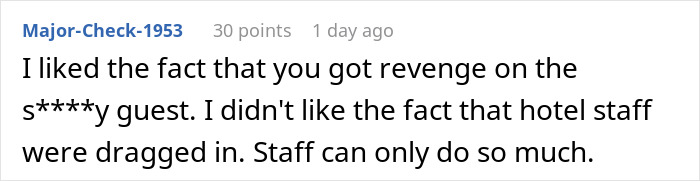 Comment about hotel guests causing ruckus disturbing neighbors and receiving early morning revenge at 5 AM.