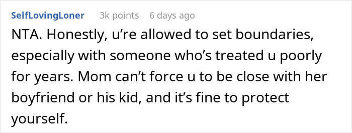 Reddit comment explaining boundaries in the son refusing mother’s pleas for family bonding situation. Reddit comment explaining boundaries in the son refusing mother’s pleas for family bonding situation.