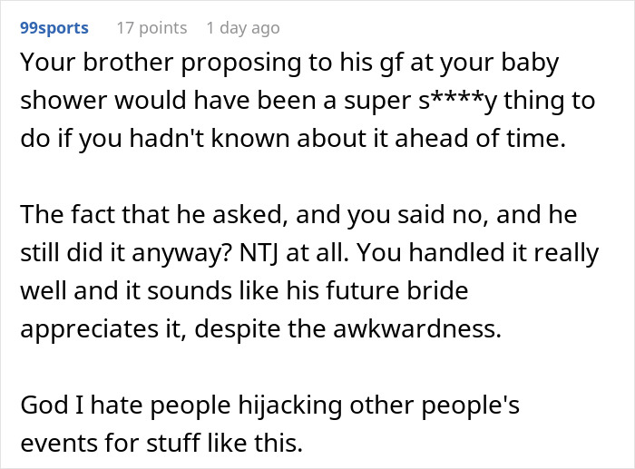 Comment discussing a brother’s proposal at a baby shower and the woman shutting it down. Comment discussing a brother’s proposal at a baby shower and the woman shutting it down.