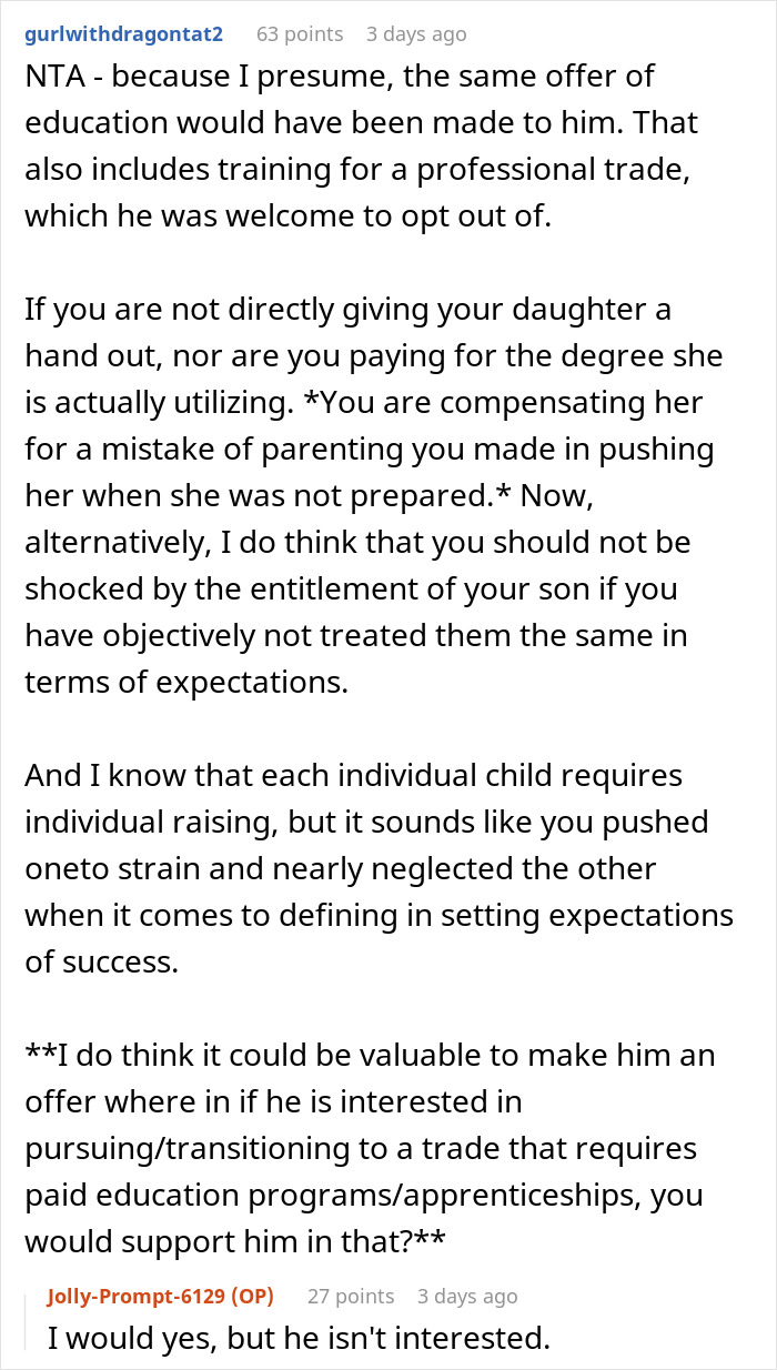 Reddit comment discussing parenting and the fairness of paying off daughter student loans versus son’s education. Reddit comment discussing parenting and the fairness of paying off daughter student loans versus son’s education.
