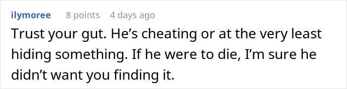 Text comment expressing suspicion and concern about husband hiding something, related to wife checking phone during surgery. Text comment expressing suspicion and concern about husband hiding something, related to wife checking phone during surgery.
