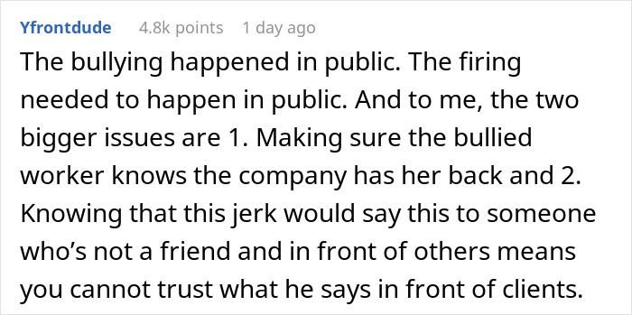 Alt text: Screenshot of an online comment discussing a public firing after a body-shaming incident by a CFO. Alt text: Screenshot of an online comment discussing a public firing after a body-shaming incident by a CFO.