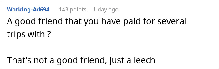 Text conversation screenshot showing a comment criticizing a supposed friend for taking advantage of trips, highlighting betrayal in friendships. Text conversation screenshot showing a comment criticizing a supposed friend for taking advantage of trips, highlighting betrayal in friendships.