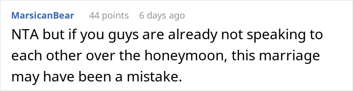 Comment discussing financial disagreement between husband and wife over honeymoon expenses, highlighting marriage challenges. Comment discussing financial disagreement between husband and wife over honeymoon expenses, highlighting marriage challenges.