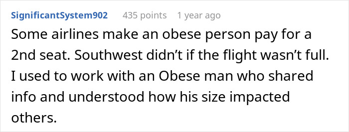 Screenshot of an online comment discussing airlines requiring obese passengers to buy a second seat for comfort on flights. Screenshot of an online comment discussing airlines requiring obese passengers to buy a second seat for comfort on flights.