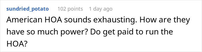 Screenshot of a Reddit comment discussing the power of an American HOA preying on siblings’ house with strict rules.