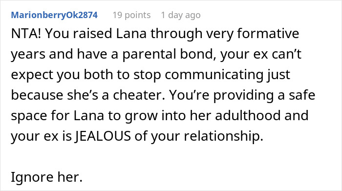 Comment discussing a mom furious about ex letting stepdaughter date and have a love nest after bio-dad said no. Comment discussing a mom furious about ex letting stepdaughter date and have a love nest after bio-dad said no.