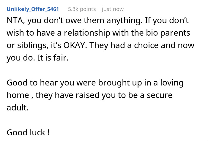 Comment from user Unlikely_Offer_5461 defending man’s birth family choice, supporting no relationship with birth parents. Comment from user Unlikely_Offer_5461 defending man’s birth family choice, supporting no relationship with birth parents.