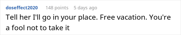 Screenshot of a social media comment about a boss inviting her on vacation, offering to go in her place. Screenshot of a social media comment about a boss inviting her on vacation, offering to go in her place.