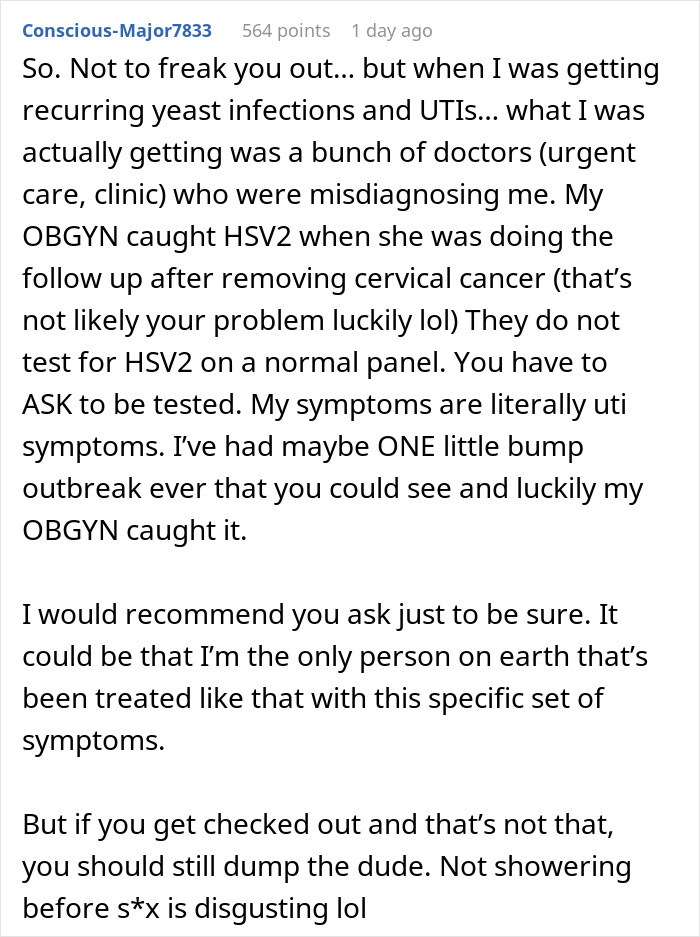 User comment discussing recurrent infections and misdiagnosis, advising testing for infections before marriage reconsideration. User comment discussing recurrent infections and misdiagnosis, advising testing for infections before marriage reconsideration.