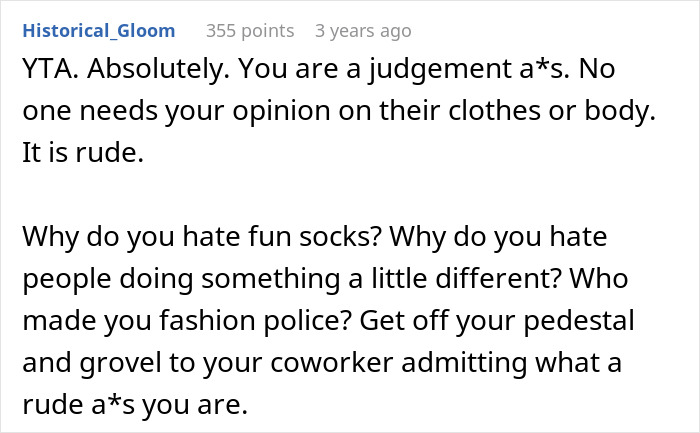 Text post discussing workplace harassment over colorful socks, urging respect and warning against rude behavior.