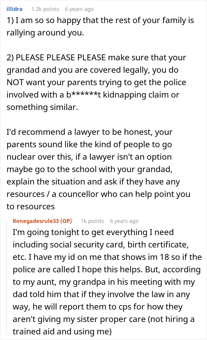 Comment exchange discussing a teen feeling trapped babysitting autistic sister and planning legal steps to gain independence. Comment exchange discussing a teen feeling trapped babysitting autistic sister and planning legal steps to gain independence.