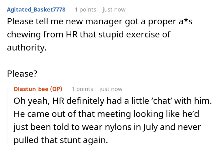 Screenshot of a discussion about employees maliciously complying with a strict dress code before HR called it off.