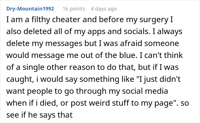 Text post showing a confession from a suspicious and confused wife checking husband’s phone during surgery. Text post showing a confession from a suspicious and confused wife checking husband’s phone during surgery.