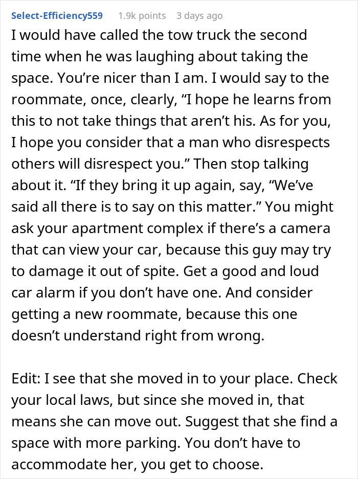 Screenshot of a Reddit comment advising getting a tow truck for a boyfriend who steals parking spots repeatedly. Screenshot of a Reddit comment advising getting a tow truck for a boyfriend who steals parking spots repeatedly.
