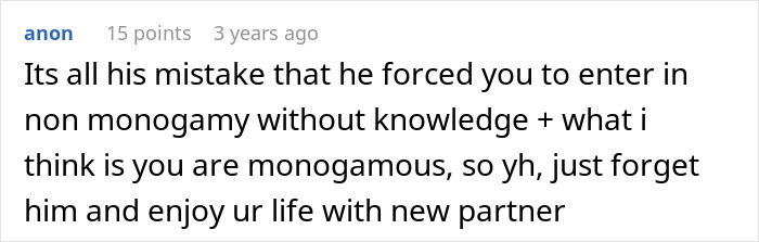 Screenshot of an online comment discussing regrets about entering a non-monogamous relationship without full consent. Screenshot of an online comment discussing regrets about entering a non-monogamous relationship without full consent.