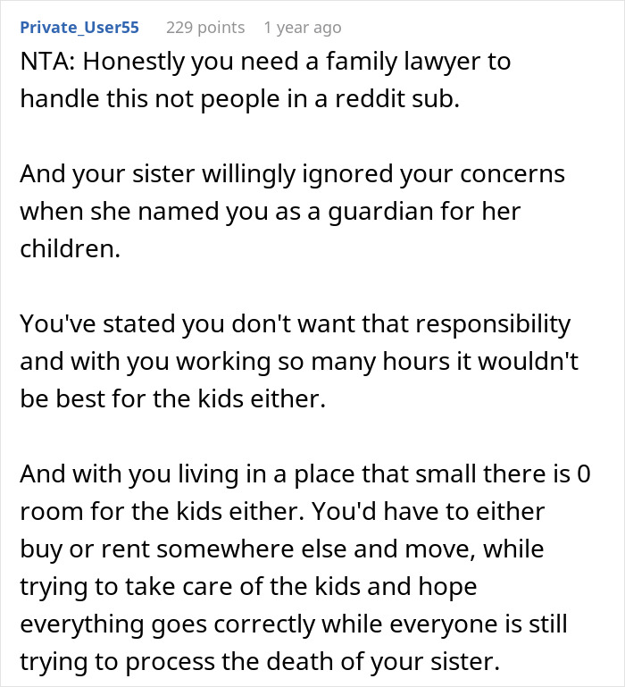 Comment discussing woman’s life turning upside down after her late sister’s dying wish about guardianship and kids. Comment discussing woman’s life turning upside down after her late sister’s dying wish about guardianship and kids.