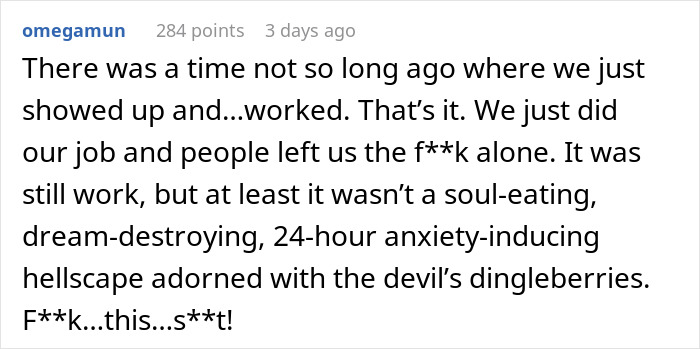 Text post about employee frustration with work and anxiety hinting at corporate spying and workplace stress issues.