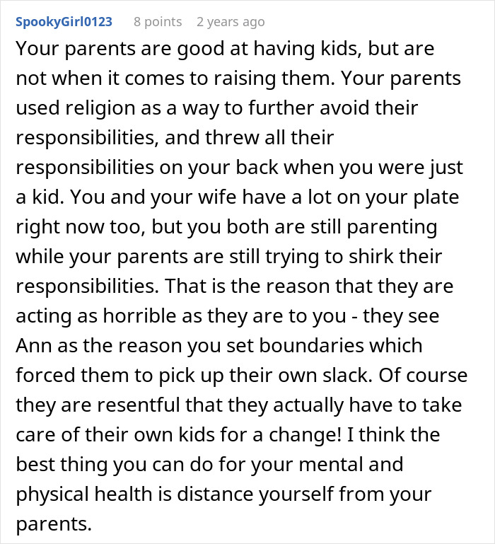 Comment discussing parents making their son raise seven younger siblings and their resentment in adulthood.