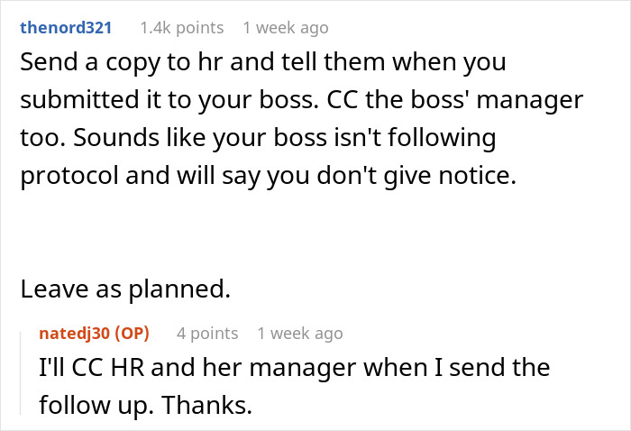 Reddit user advising to CC HR and manager due to boss pretending never gave notice in a workplace dispute conversation.