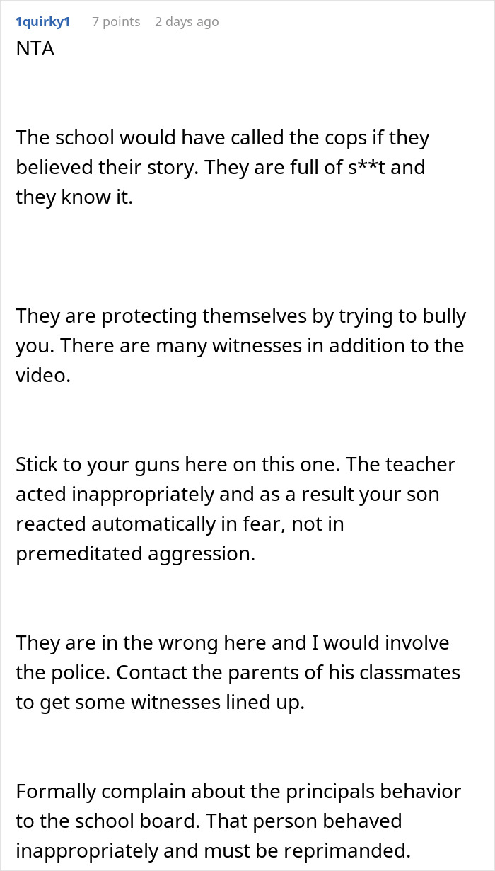 Online comment defending student after teacher scares him during class, discussing suspension and parental concerns. Online comment defending student after teacher scares him during class, discussing suspension and parental concerns.