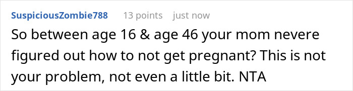 Comment discussing a 46-year-old pregnancy and adult kids expected to provide 24/7 help, expressing disagreement. Comment discussing a 46-year-old pregnancy and adult kids expected to provide 24/7 help, expressing disagreement.
