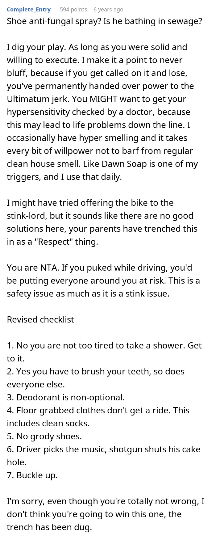 Screenshot of a discussion about a teen creating a hygiene checklist for brother before school drives. Screenshot of a discussion about a teen creating a hygiene checklist for brother before school drives.
