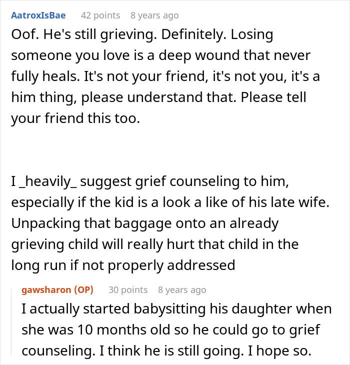 Screenshot of an online discussion about grief counseling for a grieving widower and single mom navigating dating challenges. Screenshot of an online discussion about grief counseling for a grieving widower and single mom navigating dating challenges.