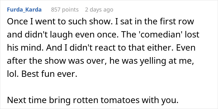 Text post describing a woman’s worst fear coming true at a stand-up show where she ended up crying instead of laughing. Text post describing a woman’s worst fear coming true at a stand-up show where she ended up crying instead of laughing.