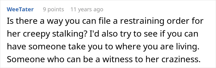 Screenshot of an online comment discussing filing a restraining order due to creepy stalking related to mother poisoned concerns. Screenshot of an online comment discussing filing a restraining order due to creepy stalking related to mother poisoned concerns.