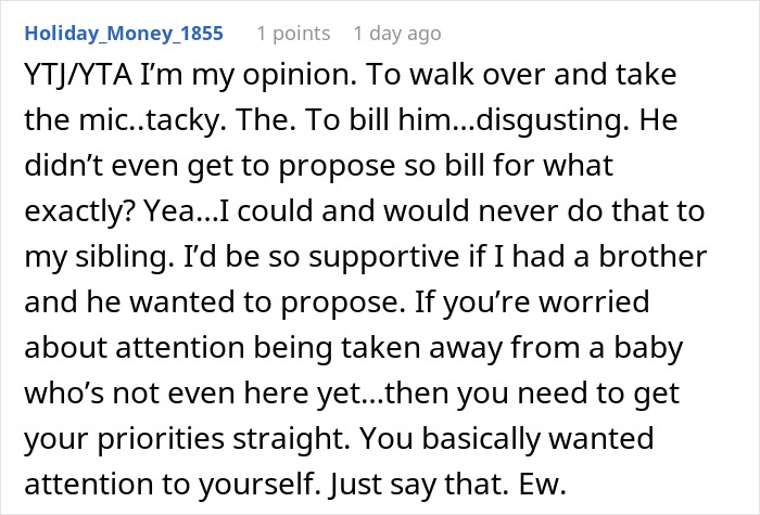 Text post from online forum discussing a woman shutting down brother’s proposal at her baby shower, focusing on family drama. Text post from online forum discussing a woman shutting down brother’s proposal at her baby shower, focusing on family drama.