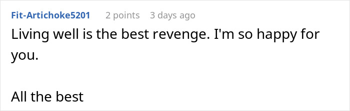 Comment text on a white background expressing support and happiness for a woman turning her life around after learning about her husband’s thoughts. Comment text on a white background expressing support and happiness for a woman turning her life around after learning about her husband’s thoughts.